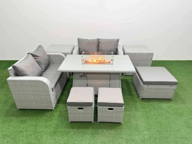 Fimous 7 Seater Outdoor Love Sofa Set Rattan Garden Furniture Set with Firepit Dining Table 3 Footstool 2 Side Tables Light Grey Light Grey