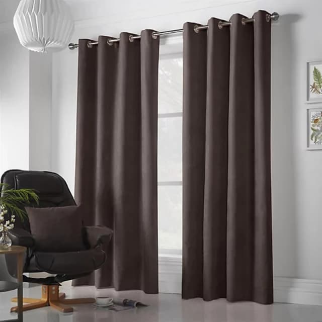 Velvet Chenille Ready Made Eyelet Curtains Chocolate
