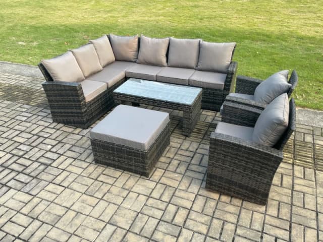 Fimous Outdoor Furniture Garden Dining Set Rattan Corner Sofa Set with 2 Armchairs Big Footstool Dark Grey Mixed Dark Grey Unisex