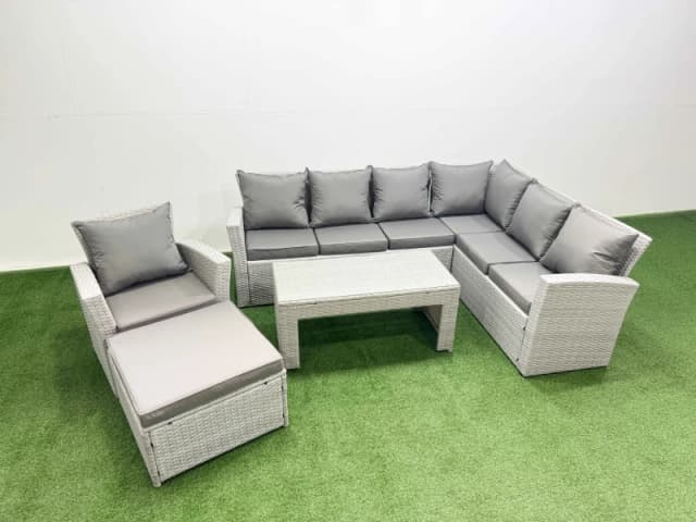 Fimous 8 Seater Garden Outdoor Rattan Furniture Set Coffee Table with Stools in Light Grey Light Grey Unisex