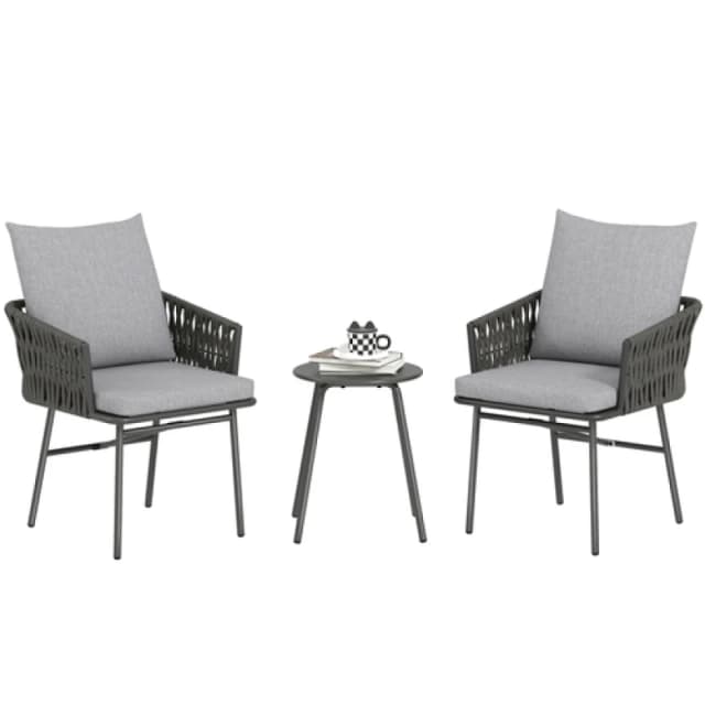 Outsunny Outsunny Rattan Bistro Set, Balcony Table and Chairs with 4 Cushions, Grey