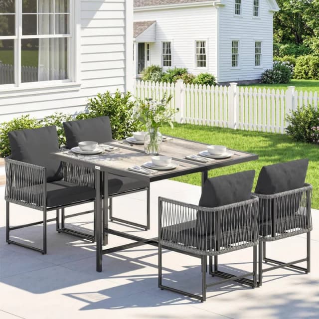 OUTSUNNY 4-Seater Garden Dining Set with Space-Saving Chairs, Black in Grey Grey Unisex