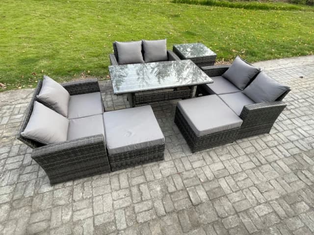 Fimous 8 Seater Wicker PE Rattan Garden Furniture Sets Outdoor Lounge Sofa Set with Oblong Dining Table 2 Big Footstool in Dark Grey Dark Grey Unisex