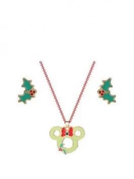 Disney Minnie Mouse Christmas Necklace And Holly Stud Earrings Set