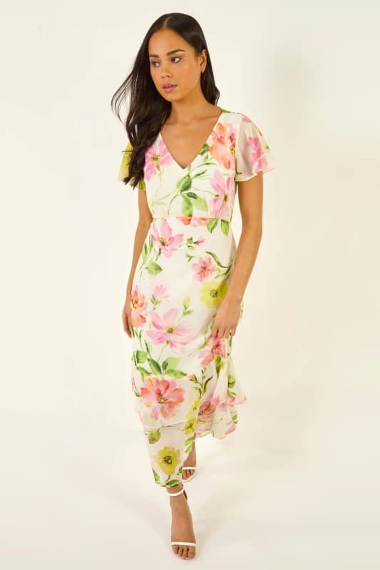 Roman Womens Petite Floral V-Neck Frill Dress in Ivory Size: 14 Ivory Female 14