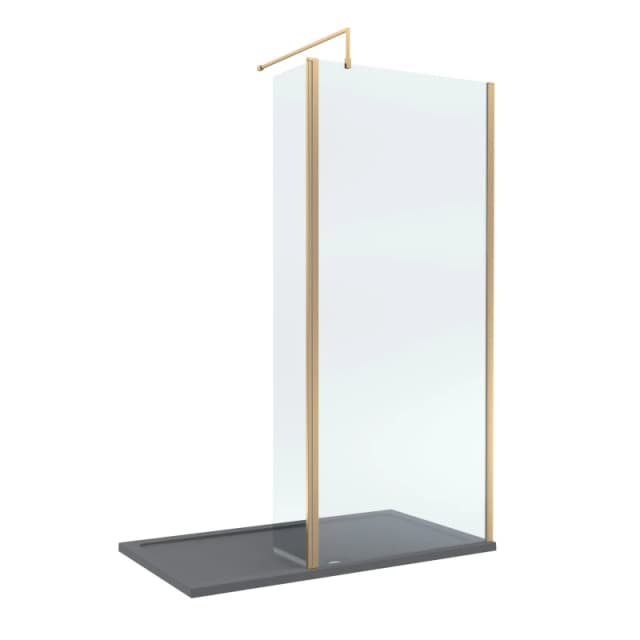 Balterley 8mm Glass Wetroom Screen, Return Brushed Brass and Tray 1400 x 700mm Grey