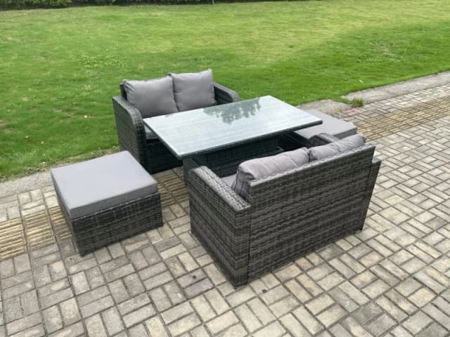 Fimous Outdoor Rattan Furniture Garden Dining Set Height Adjustable Rising lifting Table Love Sofa Set Dark Grey