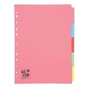 5 Star Office A4 Subject Dividers 5 Part Recycled Card Multipunched 155gsm Assorted Pack of 50