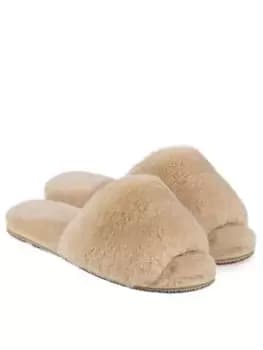 Just Sheepskin Lily Open Toe Sheepskin Slider Slipper - Caramel, Caramel, Size 5, Women