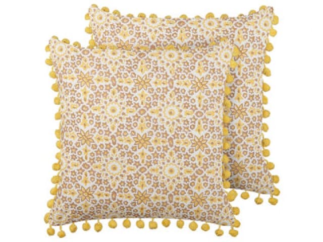 Beliani Set Of 2 Decorative Cushions Lycrois Cotton 45 X 45cm Yellow Floral Pattern