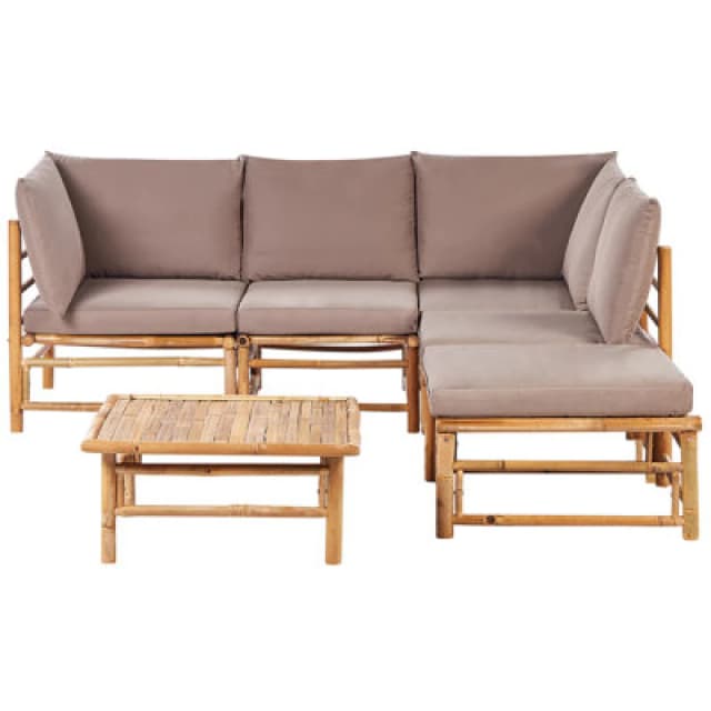 Beliani Garden Corner Sofa With Table 5 Seater Cerreto Left Hand Bamboo Wood Taupe