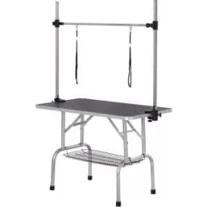 Dog Pet Grooming Table Metal Frame Rubber Top w/ 2 Slings Storage Basket Black - Pawhut