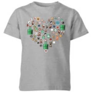 Nintendo Super Mario Pixel Sprites Heart Kid's T-Shirt - Grey - 11-12 Years