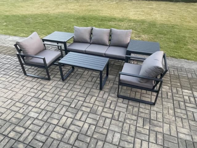 Fimous Aluminium Garden Furniture Set Patio Lounge Sofa with Oblong Coffee Table 2 Armchairs 2 Side Table Dark Grey Dark Grey Unisex