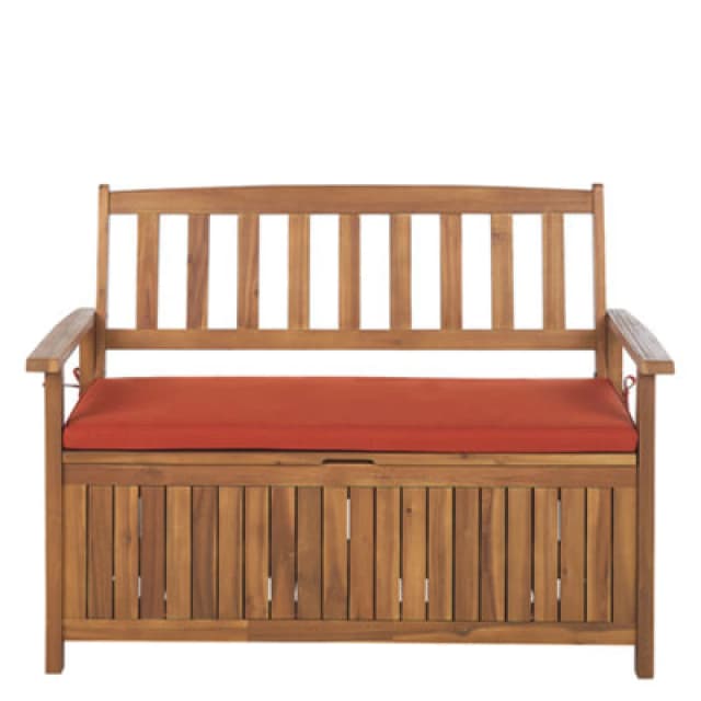 Beliani Garden Bench With Cushion Sovana 120 Cm With Storage Acacia Wood Red
