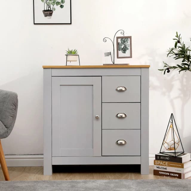 FURNITURE HMD Furniture Hmd - Multi Storage Cabinet Free Standing Unit 1 Door 3 Drawer Sideboard Cupboard- Grey+Oak,79x35x81cm(WxDxH) 25391-HMD
