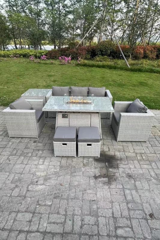Fimous Rattan Garden Furniture Set Gas Fire Pit Lounge Sofa Chair Dining Set With Side Table Light Grey