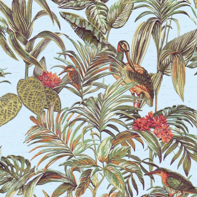 DESIGN ID Design Id - Duck Egg Blue Tropical Wallpaper Birds Palm Textured Green Paste the Wall Vinyl WL-DE120014