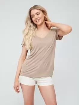 Superdry Studios Slub V-neck T-Shirt - Beige, Beige, Size 8, Women