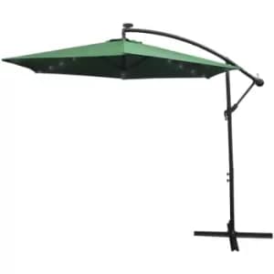 Green LED Cantilever Parasol 3m Banana Hanging Umbrella Garden Sun Shade Canopy Patio 360 Rotation Tilt uv Protection Winding Crank 24 Solar Powered