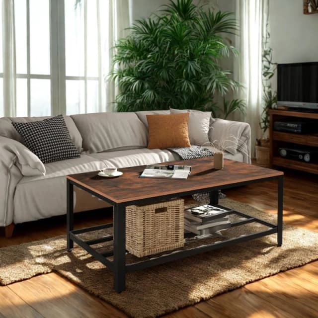 Pirlo Plush 2 Tier Industrial Rectangular Coffee Table With Storage Shelf in Brown Brown Unisex
