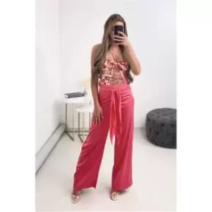 I Saw It First Pink Wide Leg Belted Satin Trousers - Pink