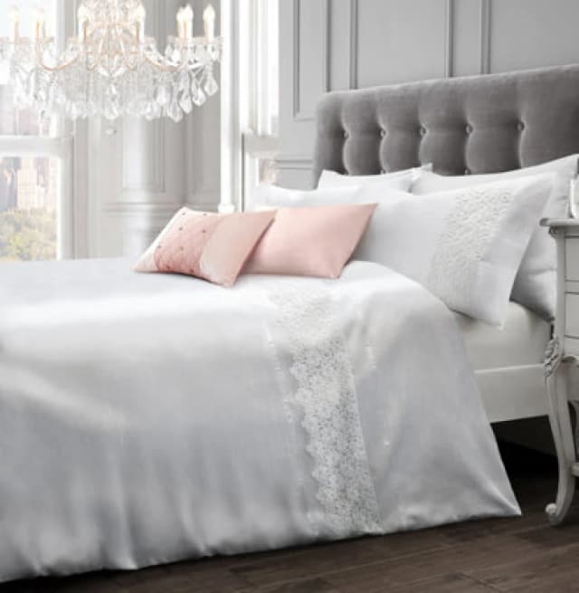 Intimates Elegant Lace Finish Duvet Cover & Pillowcase Set, Luxury Bedding, Chic Bedroom Decor, Button Enclosure Bed Linen - White