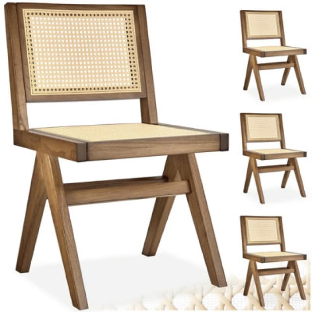 Tectake Set Of 4 Accent Chair Lizzy With Mid-Century Modern Design, Rattan Backrest And Solid Wood Frame - Light Oak