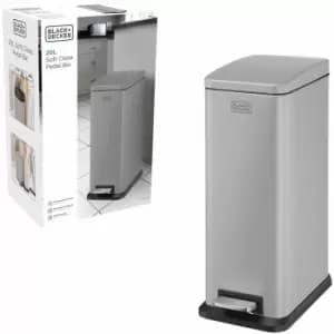 Black&decker - BLACK+DECKER BXBN00014E 20L Grey Slimline Pedal Bin with Soft Close Lid, Stainless Steel, 56cm x 22cm x 36cm