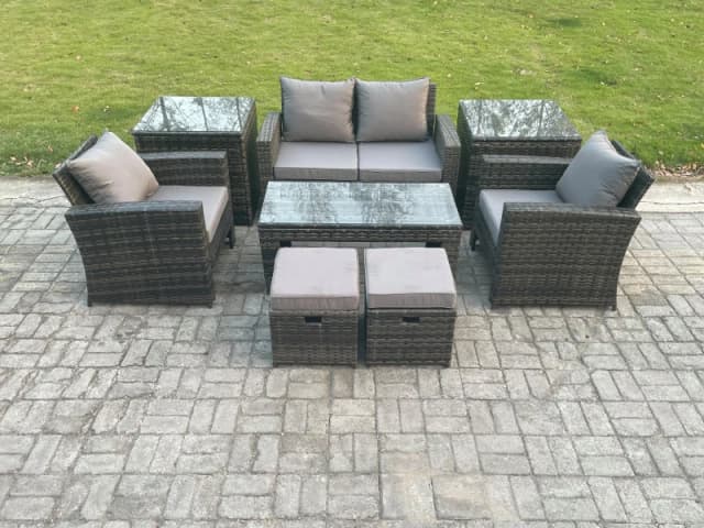 Fimous 8 PCS Outdoor Lounge Sofa Set Wicker PE Rattan Garden Furniture Set with Rectangular Coffee Table Armchair in Dark Grey Dark Grey Unisex
