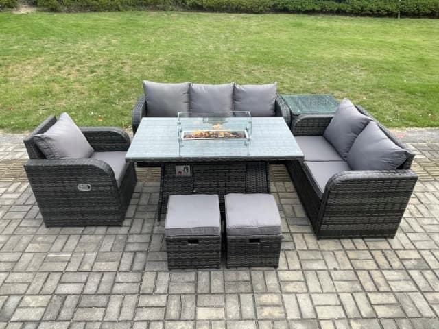 Fimous Garden Patio Furniture Wicker Rattan Gas Fire Pit Table and Sofa Chair set with Side Table 2 Small Footstools Dark Grey
