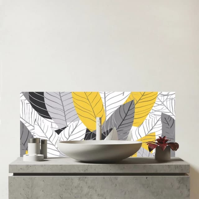 Warren Reed - Designer Yellow Grey Feather Leaves Glass Bathroom Splashback Yellow Unisex