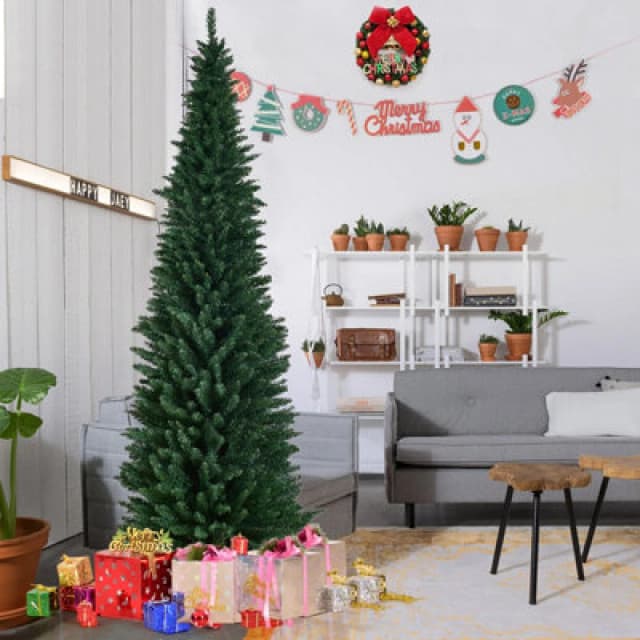 Costway 8 Ft Artificial Christmas Tree Slim Pencil W/ Metal Stand Decorative Xmas Tree