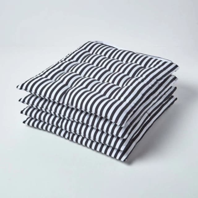 Homescapes Black And White Stripe Seat Pad With Straps 40 X 40 Cm, Set Of 4