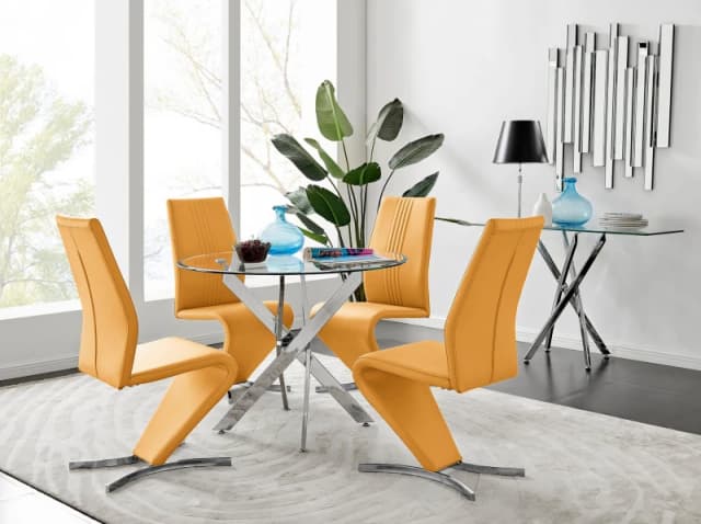 FurnitureboxUK FurnitureboxUK Novara Round 100cm Chrome Metal And Glass Dining Table And 4 Willow Dining Chairs Set in Mustard Mustard One Size Unisex
