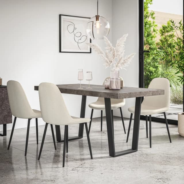 More4Homes Aria Dining Table And Chairs - Concrete Effect Table Top W Black Legs + Maya Boucle Dining Chair Set Of 4 (Ivory White)