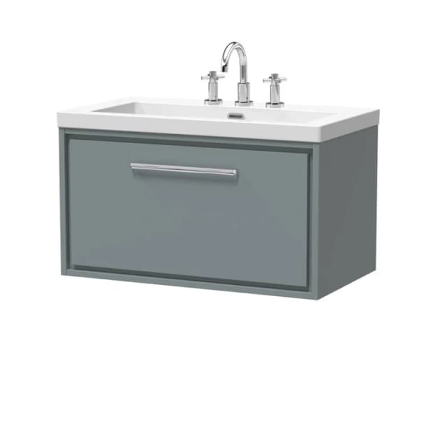 Balterley Modern Bathroom 1 Soft Close Drawer Wall Hung Vanity Unit With Fireclay Basin, Coastal Grey, 800mm
