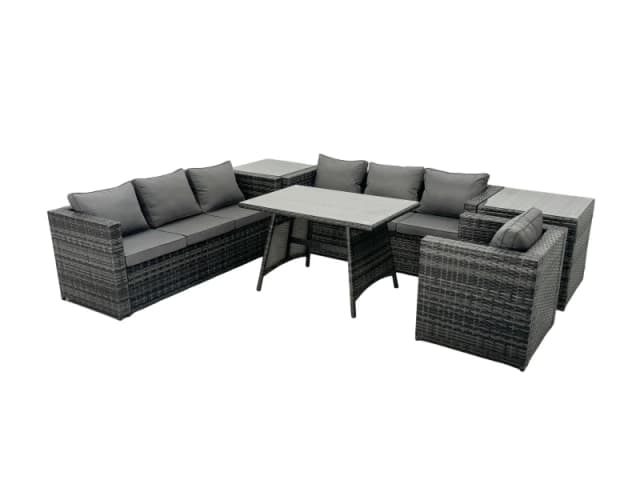 Fimous Rattan Dining Table Sofa Set with 2 Side Tables Outdoor 7 Seat in Dark Grey Dark Grey Unisex