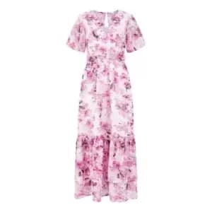 Yumi Pink Floral Print Wrap Midi Frill Dress - Pink