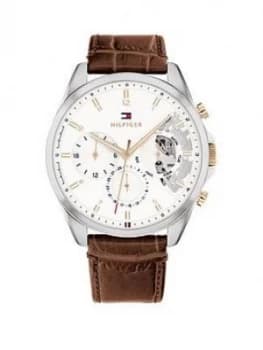 Tommy Hilfiger Watch In Stainless Steel With A White Dial And Brown Leather Strap
