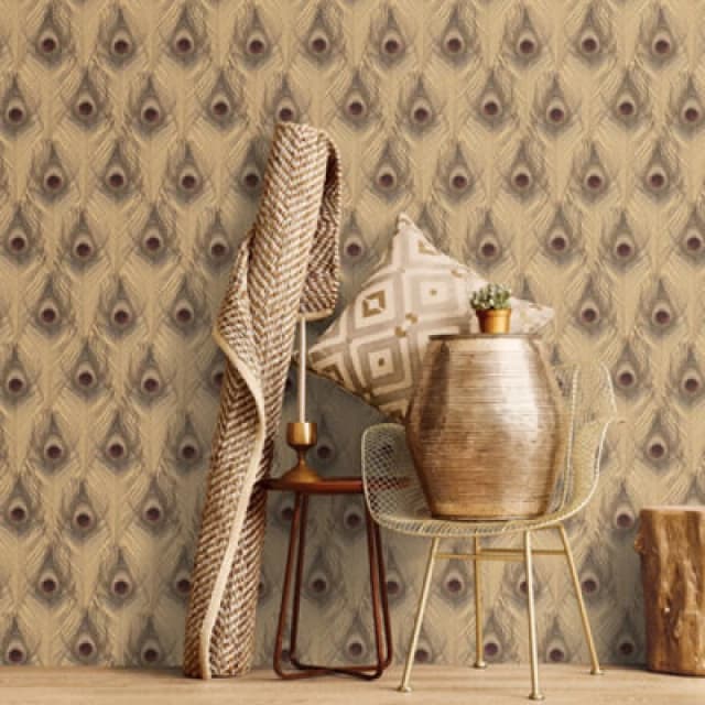 Galerie Organic Textures Gold Red Peacock Feather Textured Wallpaper