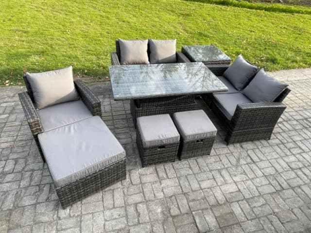 Fimous Outdoor Rattan Patio Furniture Set Garden Lounge Sofa Set with Rising Lifting Table Side Table 3 Footstools Dark Grey Mixed Dark Grey Unisex
