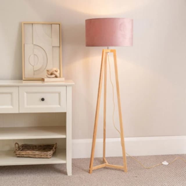 ValueLights Lottie Natural Wood Tripod Floor Lamp with Velvet Drum Shade and LED Bulb Pink