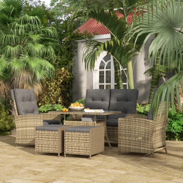 Outsunny Outsunny Rattan Dining Set for 6, 2 Reclining Chairs with Cushions, Grey 5056725514235