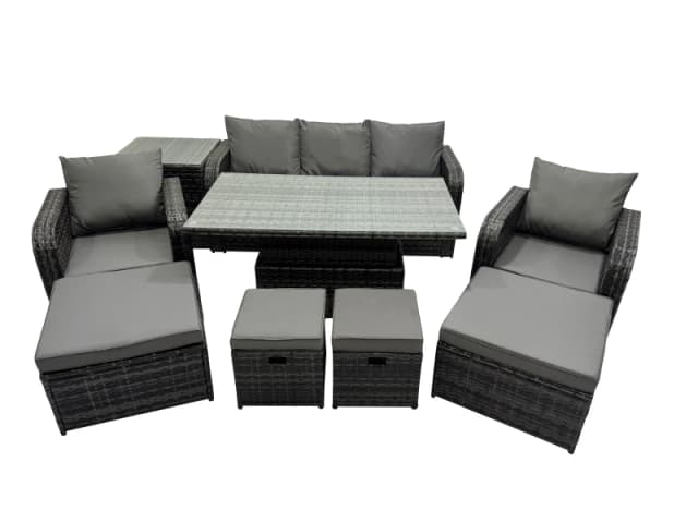 Fimous Rattan Garden Furniture Dining Set with Side Table 2 Big Footstool in Dark Grey Dark Grey Unisex