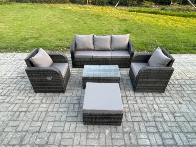 Fimous Outdoor Rattan Garden Furniture Set Patio Lounge Sofa Set with Reclining Chair Rectangular Coffee Table Big Footstool Dark Grey