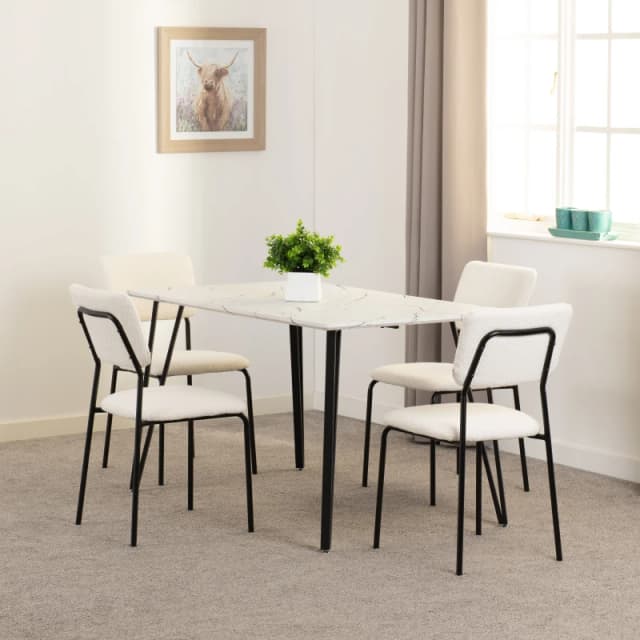 Seconique Marlow & Sheldon Dining Set (x4 Chairs) - White Marble/Ivory Boucle Fabric, White 400-401-344