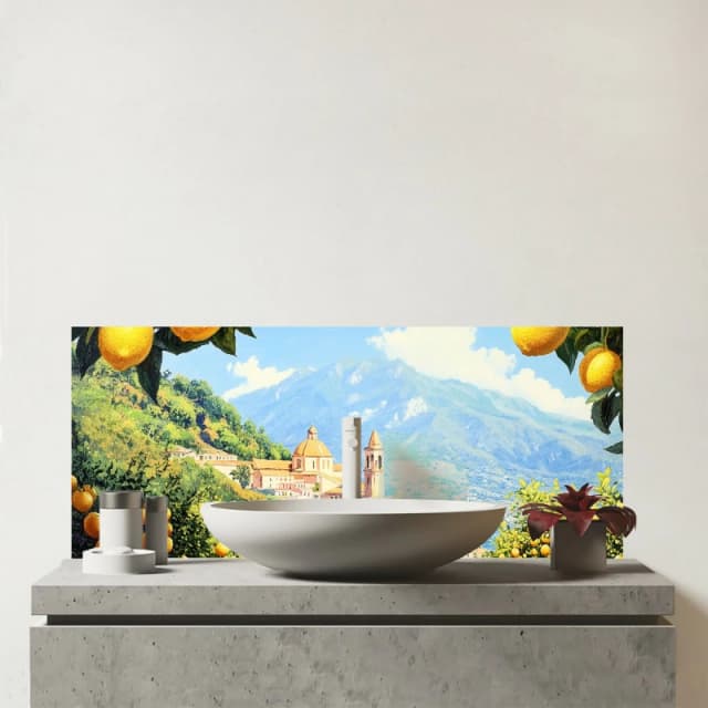 Warren Reed - Designer Walking Through Lemons In Sorrento Glass Bathroom Splashback Multicolor Unisex