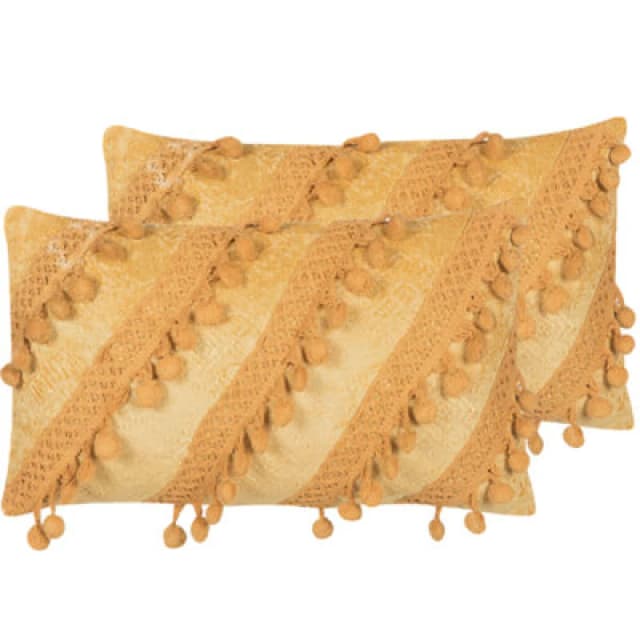 BELIANI Beliani - Set of 2 Viscose Decorative Pillows Cushions Boho Tassels 27x50cm Yellow Ayroor 294376