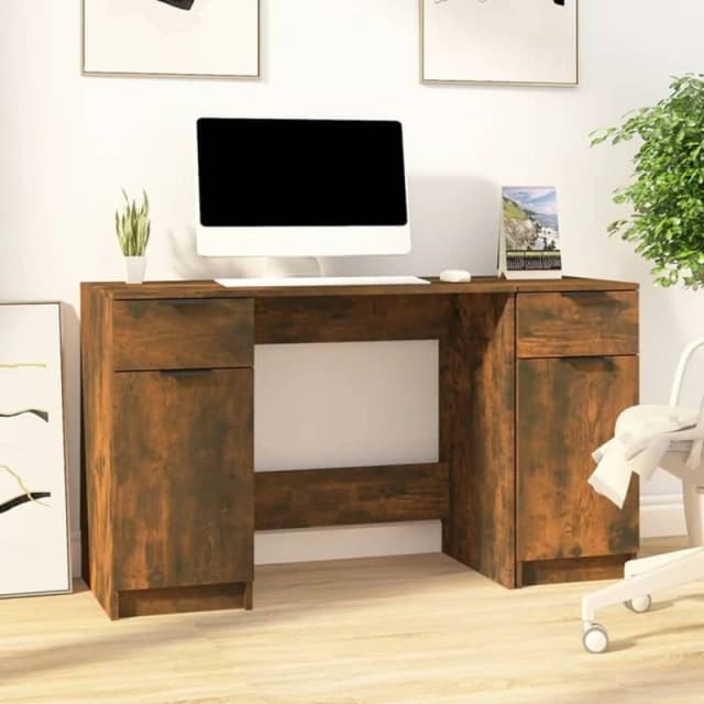 Vidaxl Desk With Side Cabinet Smoked Oak Engineered Wood, Brown 3115913